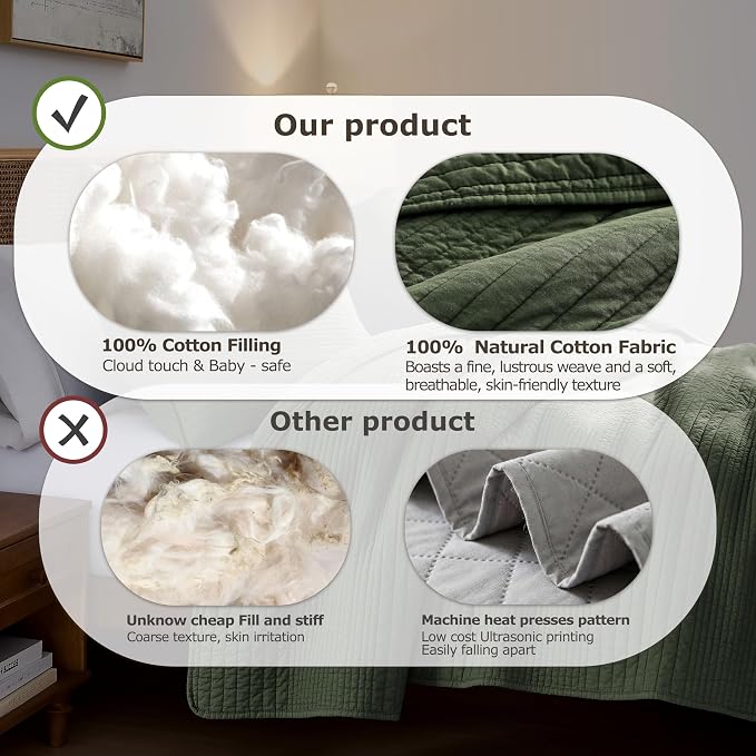 palassio Striped Olive Green 100% Cotton Quilt King Size Bedding Sets, Lightweight Crinkly Channel Pick Stitch Textured Bedspread Soft Shabby Chic Farmhouse Country Coverlet for All Season, 2 Shams