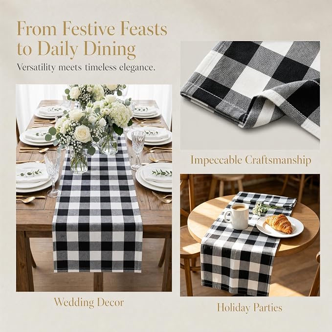 ShinyBeauty Black and White Checkered Table Runner, 13x108, for Dining | Farmhouse Style, Soft Cotton Fabric, Buffalo Plaid Gingham Pattern, 108 Inch Long for Party Picnic Decor 6-8 Person Table