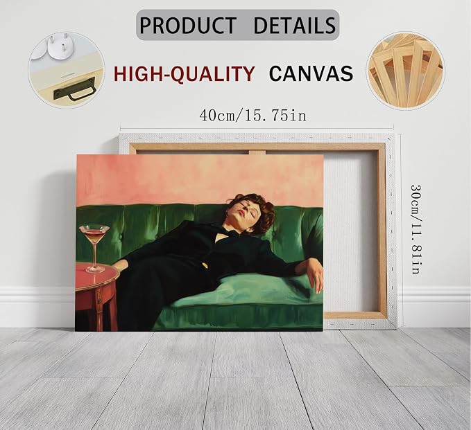 Vintage Woman Canvas Wall Art Funky Victorian Woman on Couch with Martini Picture Wall Decor Eclectic Cocktail Poster Trendy Bar Cart Decor Painting Print Artwork for Bar Kitchen Dining Room, Framed