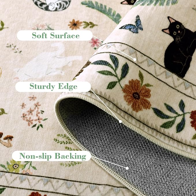 AIMPEAK Area Rugs 3x5 Small Thin Entryway Rug - Vintage Boho Cat Animal Washable Non-Slip Living Room Carpet Soft Low Pile Bedroom Floor Mat Indoor for Dining Room Playroom Farmhouse, Beige Multi