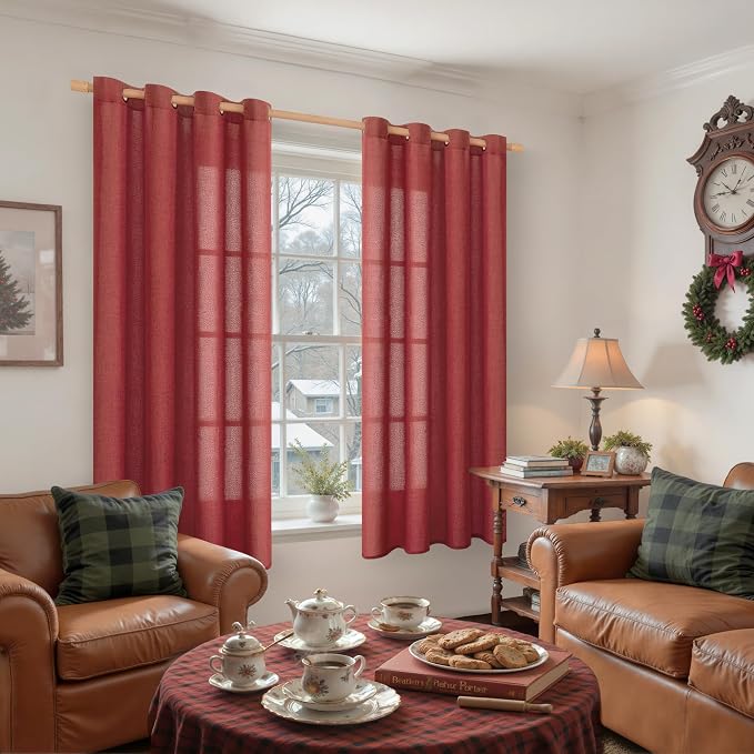 YoungsTex Burgundy Red Linen Curtains 63 Inch Length 2 Panels for Living Room, Light Filtering Window Drapes with Bronze Grommet Privacy for Bedroom, 52 x 63 Inch