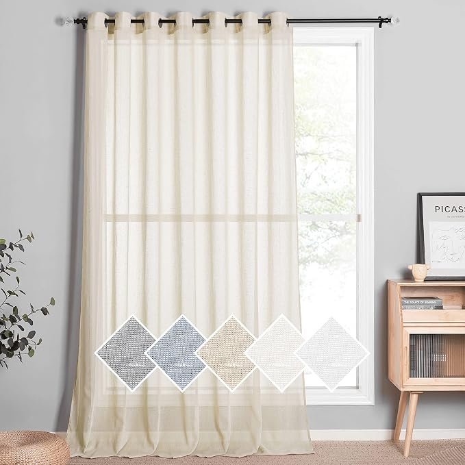 NICETOWN Flax Linen Extra Wide 100 Inch Curtain Panel-W100 x L96, Grommet Semi Sher Vertical Window Drape Privacy with Light Filter for Sliding Glass Door/Villa/Hall, Beige, 1 Panel