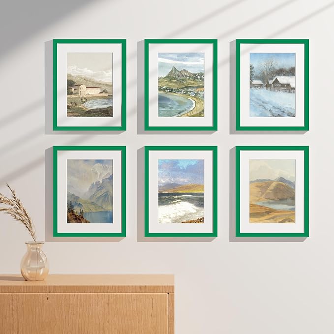 Vittanly 11x14 Picture Frames Set of 9 for Wall Mounting, Green | Display Pictures 8x10 with Mat or 11x14 without Mat, Engineered Wood with Shatter Resistant Plexiglass, Gallery Photo Frames
