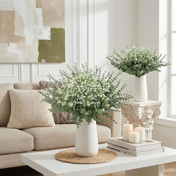 lovemoon 100 Pcs Mixed Greenery Artificial Eucalyptus Stems, Baby Breath Artificial Flowers Bulk and Eucalyptus Leaves for Wedding Bouquets Home Office Floral Decor (100, Green and White)