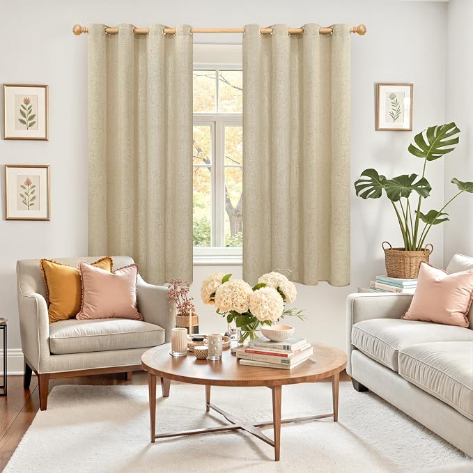 YoungsTex Burlap Linen Curtains 45 Inch Length for Short Window, Light Filtering Drapes with Grommet Privacy for Bedroom Living Room Window, 2 Panels, 52 X 45 Inch