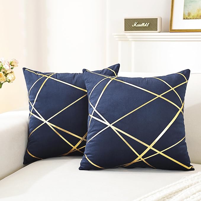 Gyulin Pack of 2 Velvet Throw Pillow Covers 18x18 Inch - Navy Blue Gold Foil Geometric Cushion Cases, Modern Luxury Sofa Bedroom Living Room Home Decor