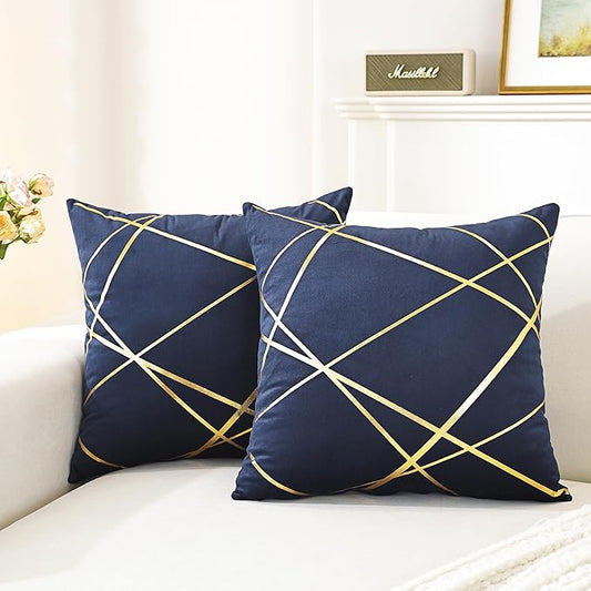 Gyulin Pack of 2 Velvet Throw Pillow Covers 18x18 Inch - Navy Blue Gold Foil Geometric Cushion Cases, Modern Luxury Sofa Bedroom Living Room Home Decor
