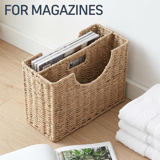 Coeusy Wicker Magazine Basket, Paper Rope Woven Magazine Holder for Files, Books, Documents, Newspapers, Narrow Boho Organizer and Storage Bins with Handle for Office, Living Room, Bathroom (Natural)