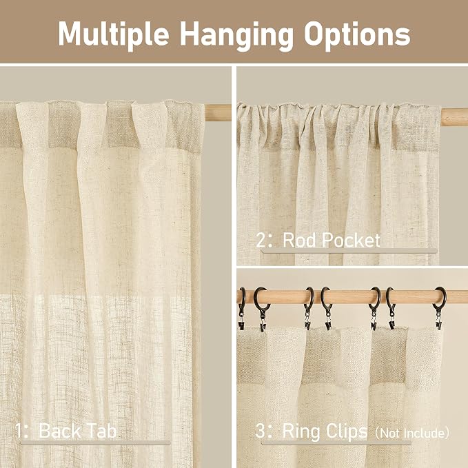 Extra Wide Linen Curtains for Bedroom Semi Sheer Panels 84 Inch | Light Filtering, Faux Linen, Rod Pocket Back Tab, Drapes for Living Room, French Door, Beige, 2 Panels, 70 x 84 Inch