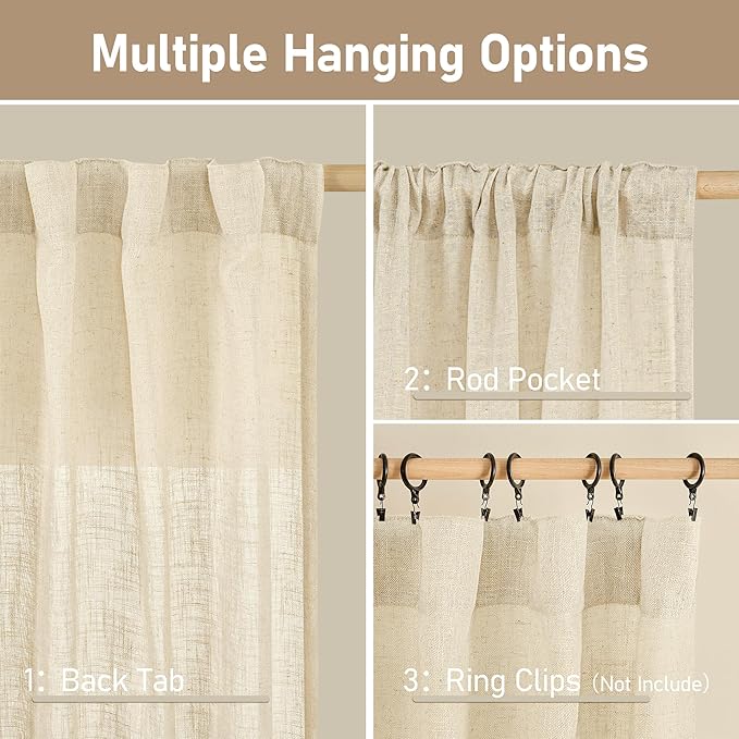 Living Room Sheer Linen Curtains 90 Inch for Bedroom 2 Panels Set | Soft Thick, Semi Sheer Curtains, Light Filtering Boho Drapes for Farmhouse, Rod Pocket Back Tab, 52 x 90 Inch, Beige