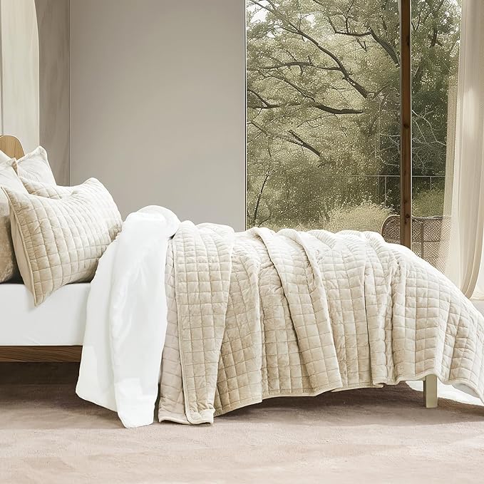 RECYCO Channel Box Stitch Velvet Quilt Set, King Size, Beige | Ultra Soft Lightweight Velvet Comforter, Luxury Oversized Bedspread Coverlet, Quilted Bedding Set for All Season with 2 Shams