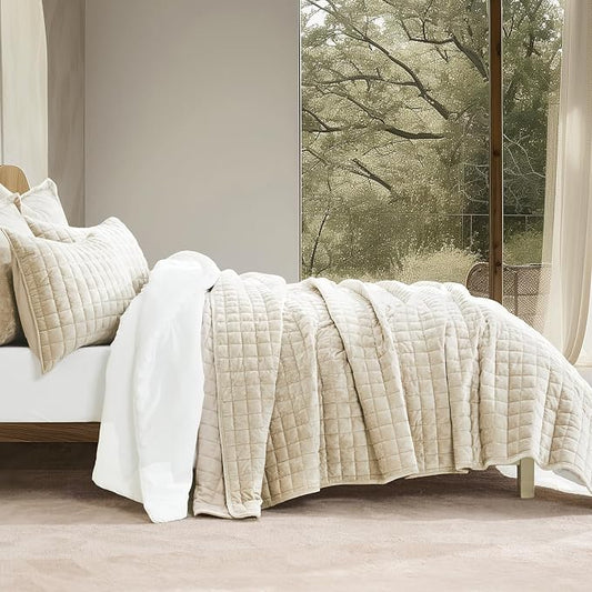 RECYCO Channel Box Stitch Velvet Quilt Set, Twin/Twin XL Size, Beige | Ultra Soft Lightweight Velvet Comforter, Luxury Oversized Bedspread Coverlet, Quilted Bedding Set for All Season with 1 Sham