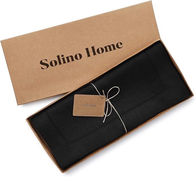 Solino Home 100% Pure Linen Dining Table Runner Black Hemstitch, 14 x 72 in | Classic Hemstitch, dresses up dining tables for everyday meals, hemstitched border, mitered corners, soft, OEKO-TEX Certified