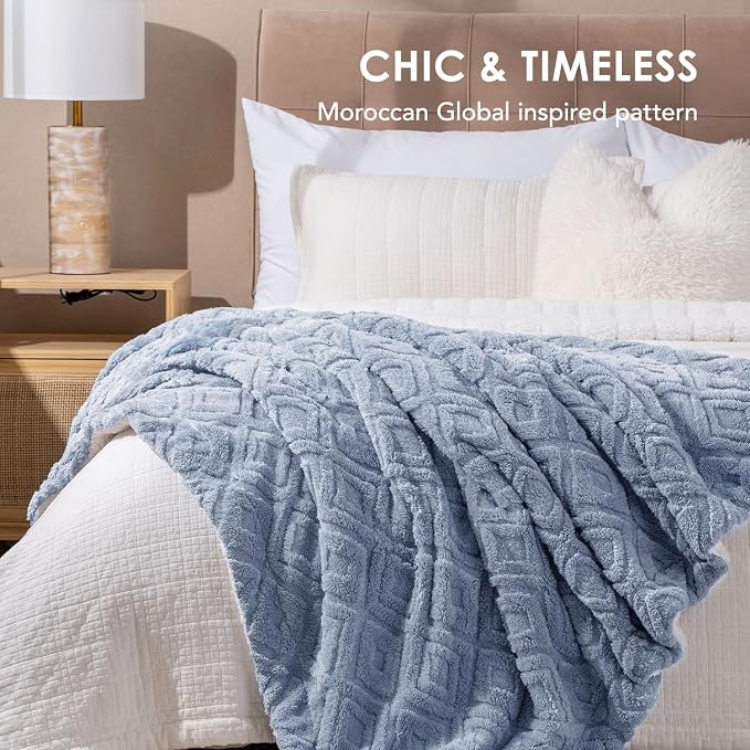 EverGrace Jacquard Reversible Sherpa Throw Blanket, 60" x 80", Blue Linen | Jacquard Sherpa Throw Blanket, Super Soft, Cozy Plush Blanket, Reversible Thick Warm Throw for Bed, Sofa, Living Room