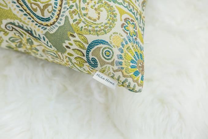 Mika Home Pack of 2 Throw Pillow Covers Decorative Pillow Shells for Sofa Couch, Paisley Pattern, 22x22 Inches,Green Brown Cream Multicolor