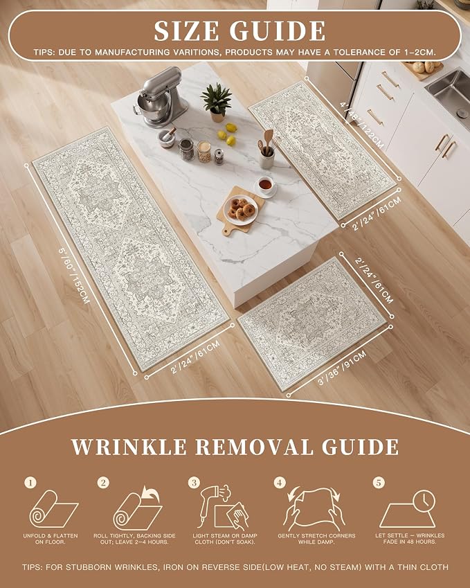 Madane Washable Kitchen Rug Set of 3 Small Area Rugs Non-Slip, Beige/Brown | Vintage Hallway Entryway Door Mat Indoor Entrance Low Pile Floor Carpet Runner for Inside Front Entry Laundry 2x3+2x4+2x5