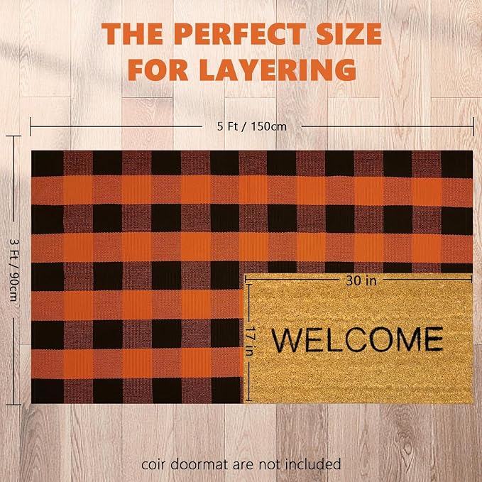 Buffalo Plaid Area Rug, Checkered Rug 3x5 Ft, Black and Orange Rug, Washable Cotton Mat for Front Porch, Entryway, Kitchen, Living Room, Halloween Decor