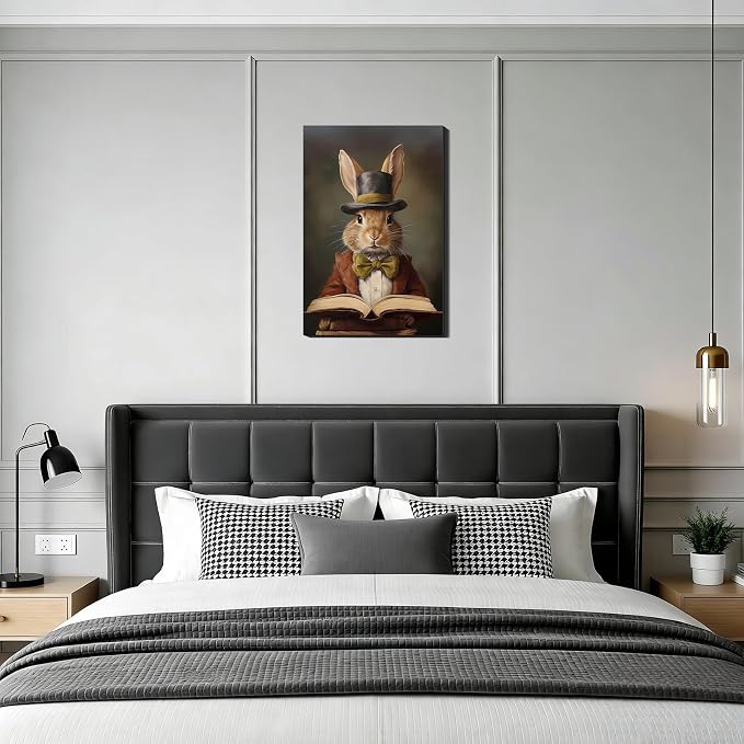 Mr Rabbit Portrait Canvas Prints 12x18, Vintage Artwork and Bunny Paintings Pictures Wall Art,Perfect for Spring Home Office Decor, Easter Bathroom Wall Decorations