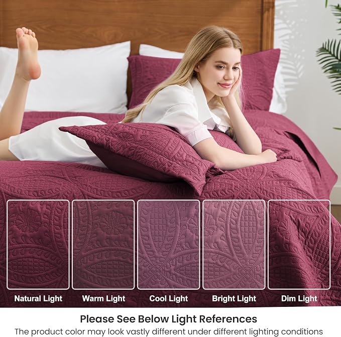 Love's cabin Oversized King Size Quilt Bedding Set Burgundy Bedspreads - Oversized King Lightweight Bedspread Comforter - Coin Pattern Coverlet for All Season - 3 Pieces (1 Quilt, 2 Pillow Shams)