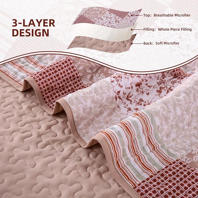 Mybedsoul Boho Quilts Queen Size, Patchwork Floral Bedding Set, Pink | Soft Lightweight Microfiber Coverlet Set, 3 Pieces Plaid Reversible Bedspread, Bed Sets for All Seasons 96"x90"