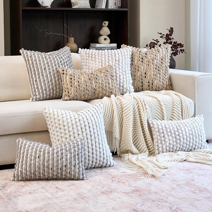 Aeckself Handmade Boho Chenille Tufted Pillow Cover 20x20 Inch, Decorative Square Throw Pillow Cover Neutral Pillowcase for Couch Bedroom Living Room, Grey White