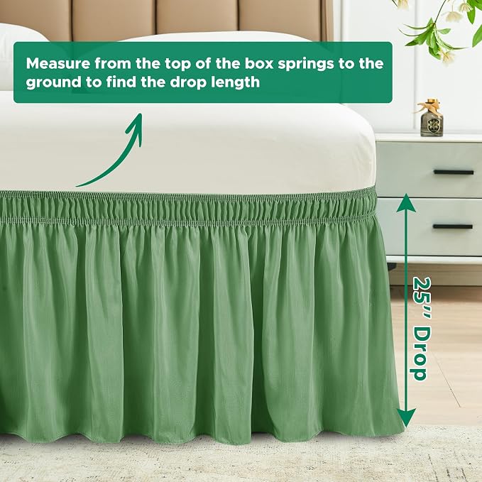Wrap Around Bed Skirt Full Size 25 Inch Drop-Elastic Long Dust Ruffle Sage | Adjustable Pleated Bedskirt-Easy Fit Wrinkle Resistant Washable Bed Skirting-Hotel Studio Apartment Home Guest Bedroom Rental
