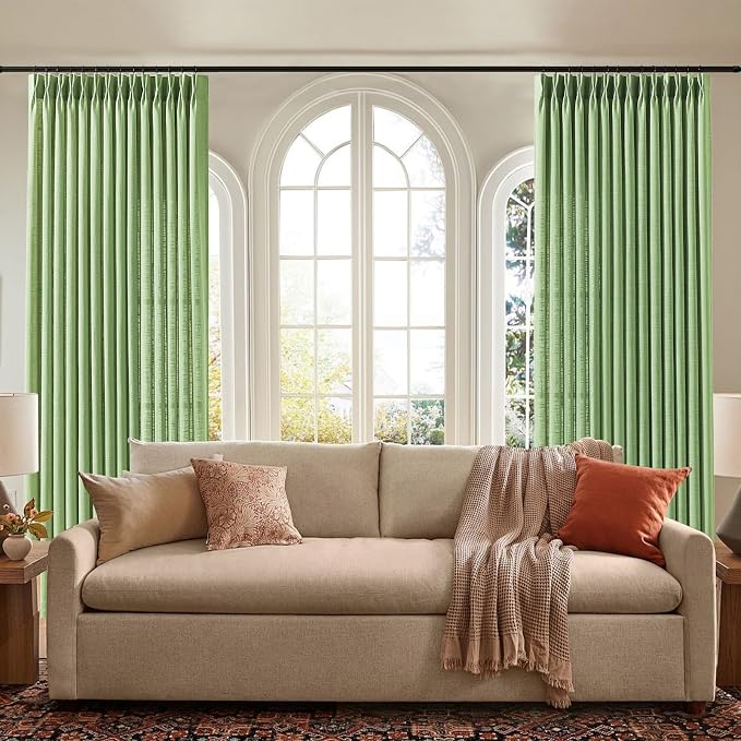 Pinch Pleated 84 Inch Linen Curtains for Living Room, Light Filtering, W40 | Semi Sheer, Bedroom, Pinch Pleat, Linen Blend, Hook Rings, Non See Through, Memory Shape, Privacy, Sage Green, 2 Panels