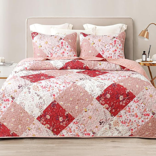Whale Flotilla Patchwork Quilt King Size, Extra Soft Floral Bedspreads | Red Reversible Lightweight King Quilt Bedding Set for Bed, Printed Coverlets with 2 Pillow Shams for All Seasons