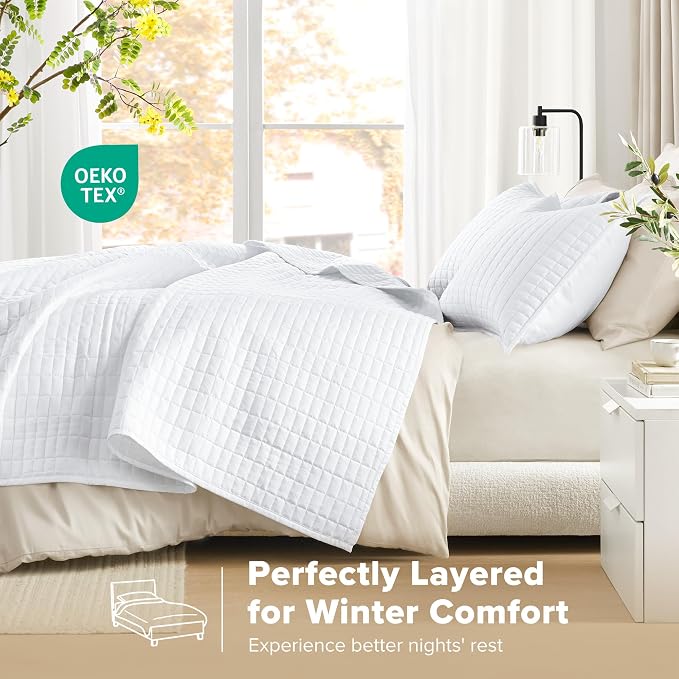 Comfort Spaces Kienna Queen Quilt Bedding Set 3 Piece, 90"x90" White | Soft Cozy Lightweight Summer Coverlet Full Size, Quilted Bedspreads Extra Layer, Modern Casual Bedroom Decor, OEKO-TEX