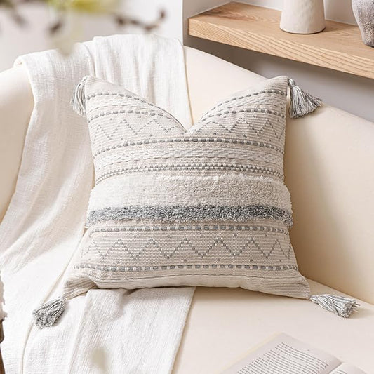 BlissBlush 18X18 Throw Pillow Cover, Cream Neutral Square Decorative Cushion Cover with Gray Pattern, Boho Accent Pillowcase with Tufted Details and Tassels for Couch Sofa Living Room (Cover Only)