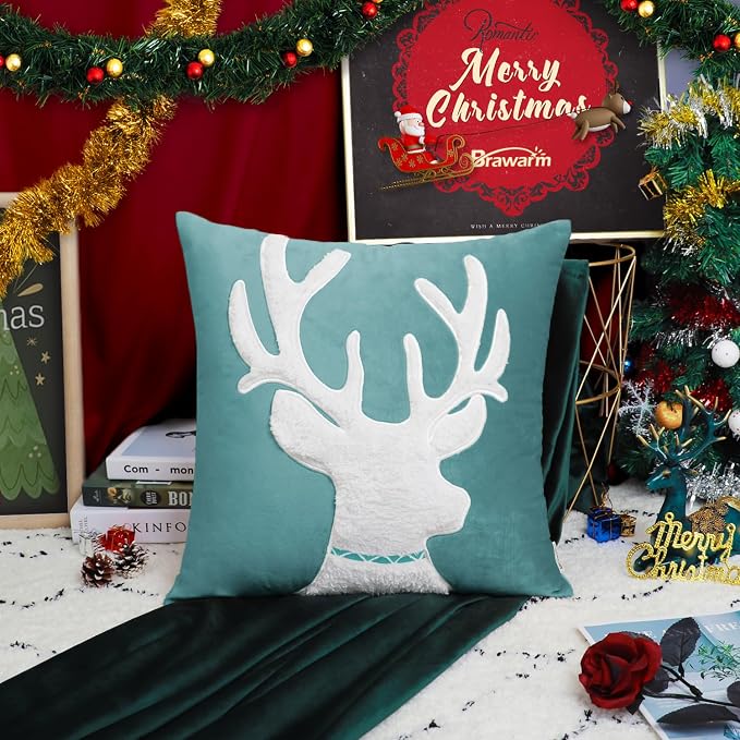 BRAWARM Christmas Pillow Cover 20 X 20 Inches, Teal Reindeer Embroidered Pillow Cover, Soft Velvet Decorative Throw Pillow for Couch Bed Sofa Living Room Home