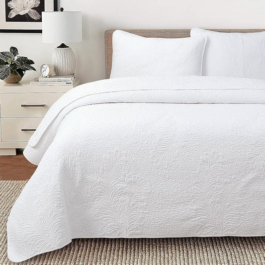 Cozy Line Home Fashions White Cotton Quilt Set Queen – 3-Piece Quilted Botanical Stitch Bedspread with Shams, Elegant All Season Bedding