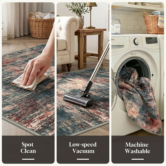 Lansny Abstract Washable Entryway Rug 3x5 Area Rug Non Slip Kitchen Rugs | Red/Multi;Thin Printed Faux Wool Door Mat;Small Rugs;Front Door Rug;Indoor Entry Rug;Rubber Backed Floor Carpet;Throw Rugs