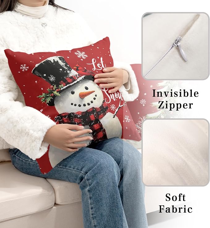 Red Christmas Pillow Covers Snowman Throw Pillow Covers Xmas Tree Pillow Case 20x20 Winter Snowflakes Cotton Blend Cushion Case for Holiday Decor Couch Sofa 2 Pack
