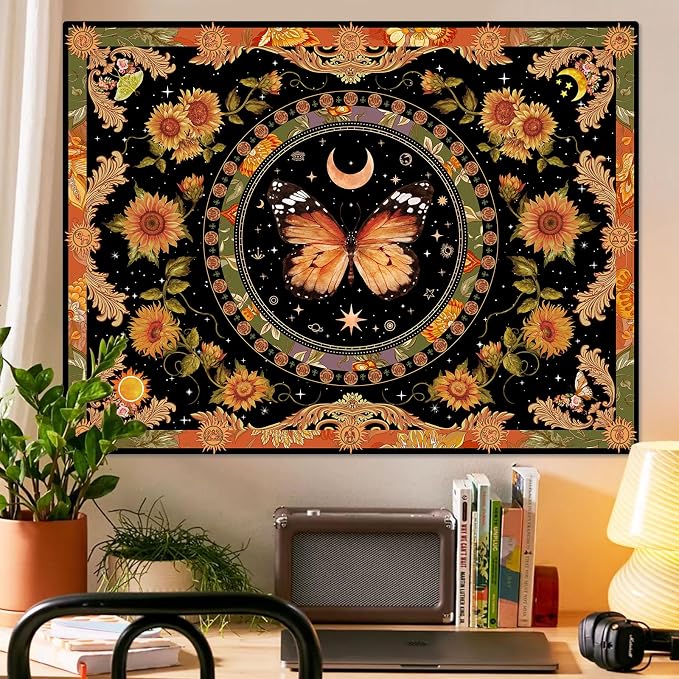 Accnicc Butterfly Floral Tapestry Vintage Indie Boho Flower Tapestries for Bedroom Aesthetic Retro Yellow Sunflower Moth Tapestry Wall Hanging for Dorm Living Room (48'' × 36'')