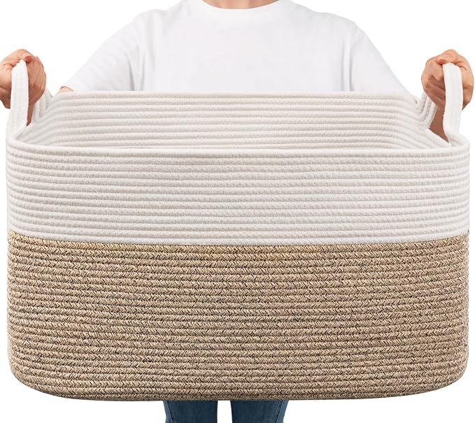 Goodpick Large Woven Rope Blanket Basket, Rectangle, White & Light Brown | 21.6" × 14.9" × 11.8" Storage Basket for Pillows & Toys Laundry, Nursery & Living Room Organization, Reinforced Handles
