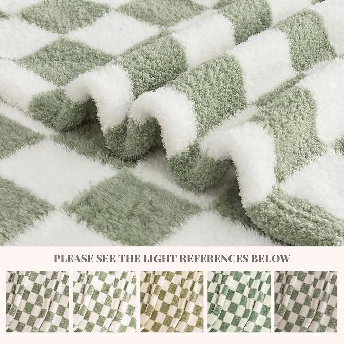 Sage Green Checkered Twin Size Blanket, Soft Plush Microfiber Fleece Blanket for Couch Sofa Bed, Cozy Decorative Home Blanket, All Season, 60x80 Inches