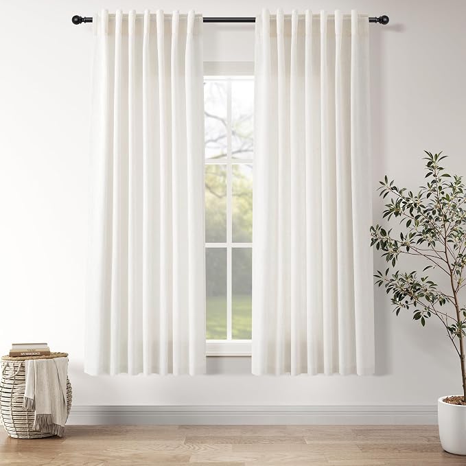 Ivory White Linen Curtains 63 Inches Long for Living Room Back Tab Pocket Natural Light Filtering Privacy Translucent Ivory White Cotton Texture 52X63, 2 Panels