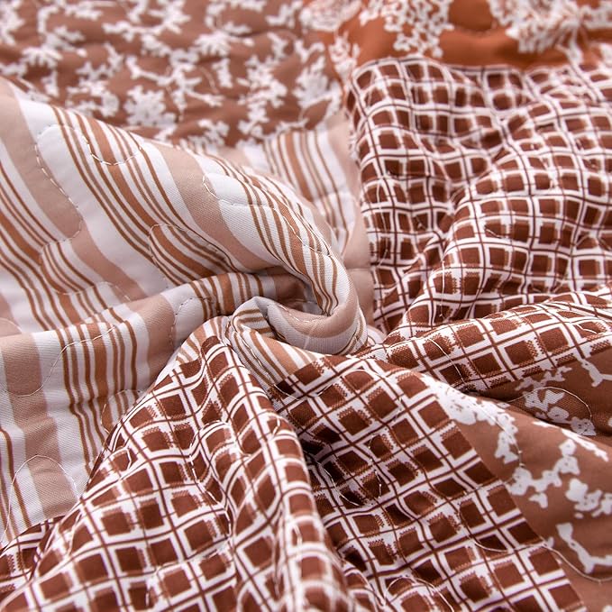 Mybedsoul Burnt Orange Boho Quilt Queen Size, Patchwork Fall Bedding Set | Soft Lightweight Microfiber Floral Coverlet Set, 3 Pieces Plaid Reversible Bedspread, Bed Sets for All Seasons 96"x90"