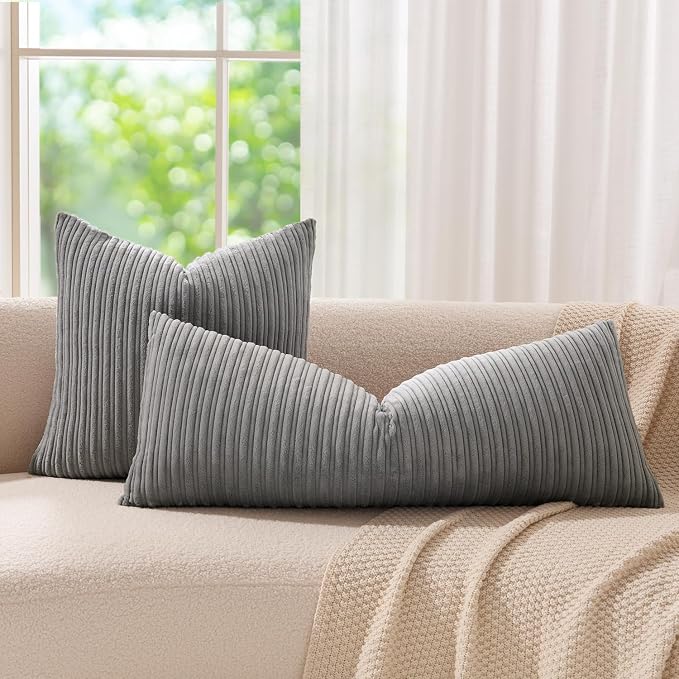 Kevin Textile Striped Corduroy 14”x36” Pillow Cover 1 Pack, Light Grey