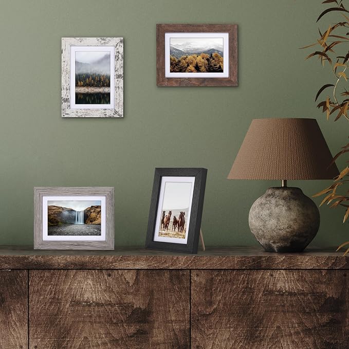 Americanflat Rustic 5x7 Picture Frame Set of 4 - Use as 4x6 Picture Frame with Mat or 5x7 Frame Without Mat - Photo Frame with Textured Engineered Wood, Shatter Resistant Glass, and Easel