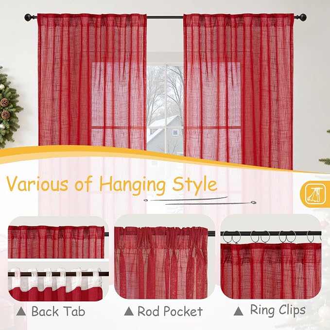YoungsTex Red Linen Semi Sheer Curtains 84 Inch Length - Light Filtering Drapes with Back Tab Rod Pocket Lightweight for Dining Living Room Window, 2 Panels, 52 X 84 Inch