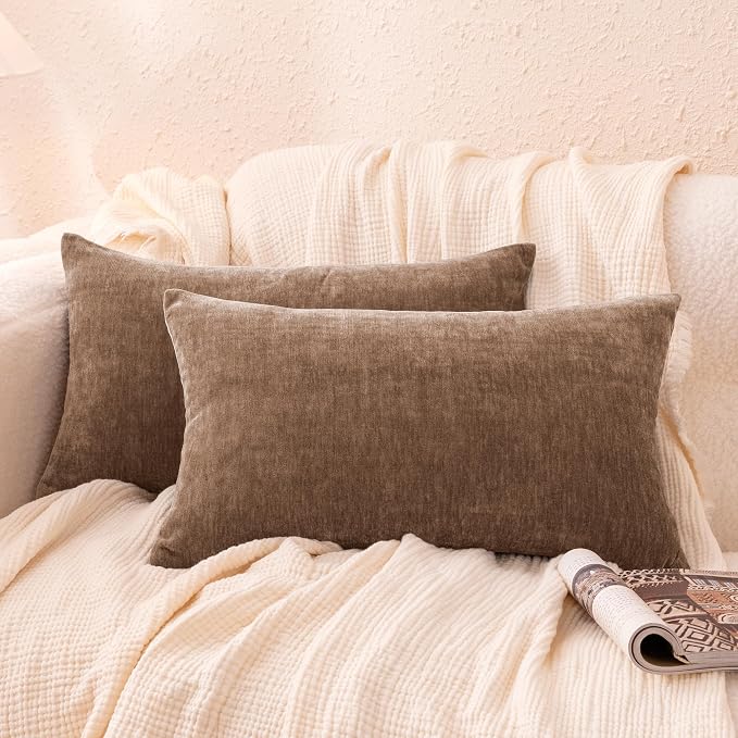 Amazon Basics Chenille Throw Pillow Covers, Home Decor Lumbar Cushion Cover for Bedroom Living Room Couch Bed, 12" W × 20" L, Brown
