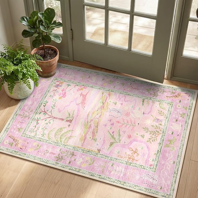2x3 Washable Area Rug for Entryway Non Slip Safari Nursery Rug Purple Kids Room Rugs Low Pile Stain Resistant Jungle Animal Print Rugs Small Throw Mat for Living Room Bedroom Girls Room, Lavender