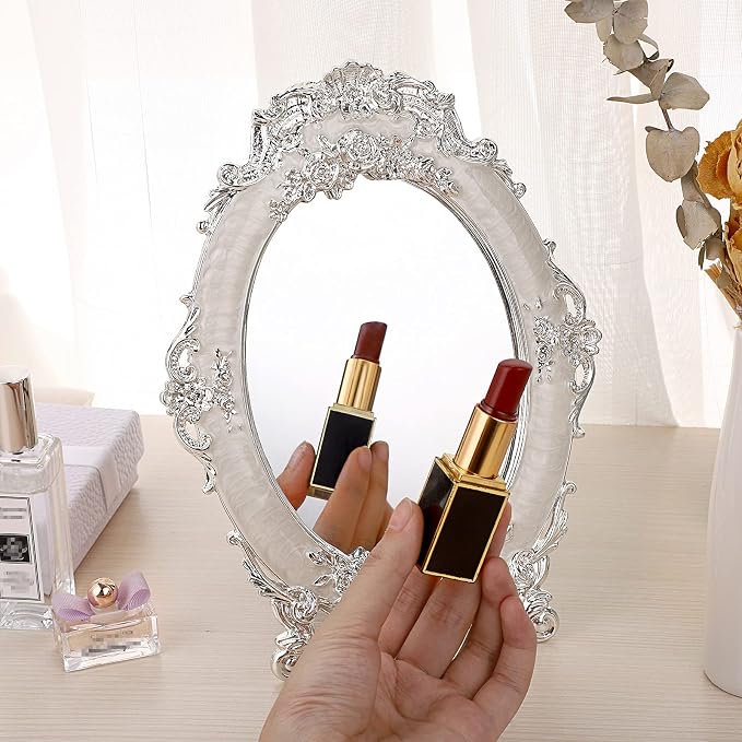JUXYES Tabletop Dressing Mirror with Stand Desktop Mirror with Rose Decor | Small Antique Embossed Roses Countertop Makeup Mirror, Retro Oval Cosmetic Decorative Mirrors for Dresser Table