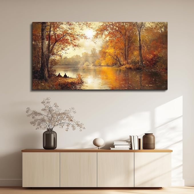 FUHAIHUA Canvas Wall Art For Living Room Large Wall Decor For Bedroom Modern Office Wall Decorations Saffron Yellow Tree Landscape Painting Forest Pictures Artwork Ready To Hang Home Decor 20"x40"