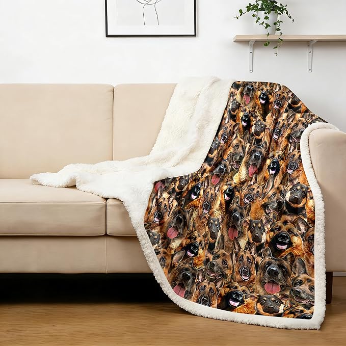 BlessLiving Fuzzy Dogs Blanket for Kids Adults Cute Puppy Fleece Blanket Reversible Animal Pattern Sherpa Throw (German Shepherd Dog,Twin, 60 x 80 Inches)