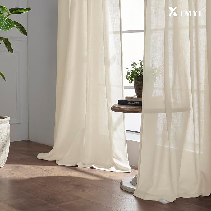 XTMYI Bathroom Window Curtains Short,Linen Sheer Boho Farmhouse Kitchen Curtains 45 Inch Length,Beige
