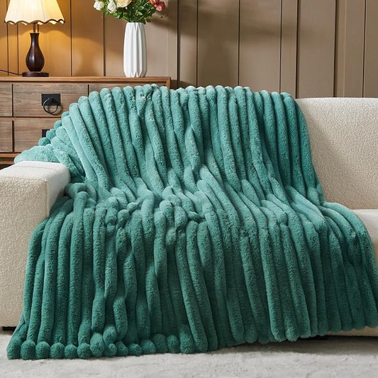 NEWCOSPLAY Faux Fur Ribbed Throw Blanket for Couch, Light Teal, 50"x60" | Plush Soft Thick Warm Blanket for Couch Sofa Bed 850GSM, Fluffy Cozy Luxury Decorative Throw, Gift for Women Men
