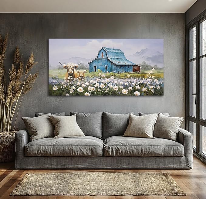 Anolyfi Farmhouse Highland Cow Canvas Wall Art for Living Room 58"x29" | HD Print, Waterproof Canvas, Easy to Hang, Durable and Colorfast, Country Barn Wall Decor for Bedroom Office Hallway Home